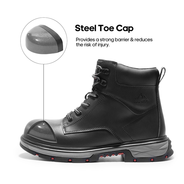 Men's Water-Resistant Steel Toe Leather Work Boots - BLACK - 6